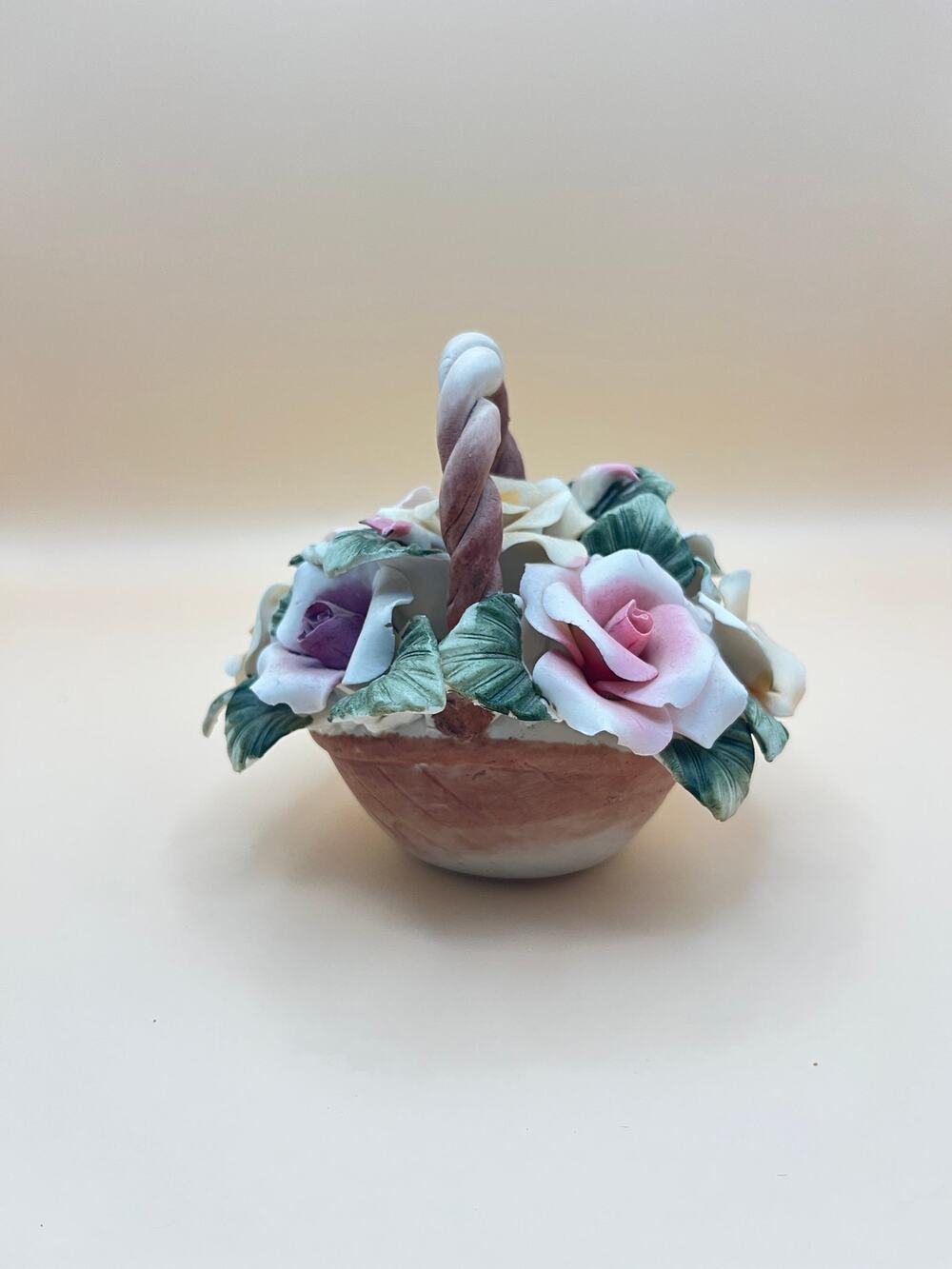 Capodimonte Style Porcelain Rose Basket Figurine Pink Lavender Cream Cottagecore